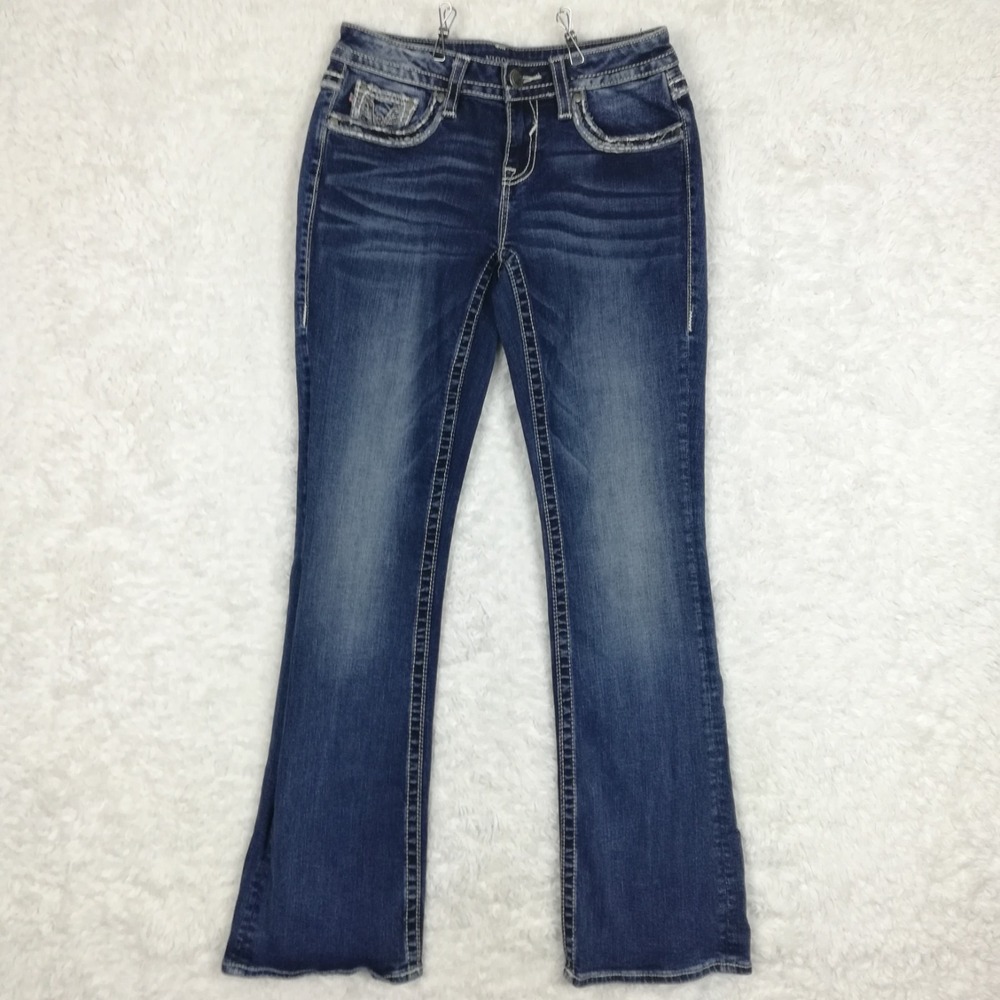 Vigoss Womens Jeans Dublin Boot Cut Blue Denim Medium Wash Whiskering Low 3 4